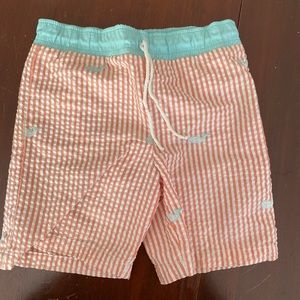 Kelly’s Kids. 3/4. Swim shorts. Lined inside. Drawstring toe. Seersucker w whale